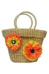 Buy_Gin & Tonic_Beige Paper Raffia Flowers Embellished Basket Woven Beach Bag _at_Aza_Fashions