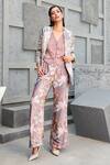 Buy_Ranian_Pink Silk Satin Print Vintage Floral Lapel Collar Blazer And Pant Set _at_Aza_Fashions