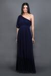 Buy_Swatee Singh_Blue Georgette Solid One Shoulder Pleated Hem Gown _at_Aza_Fashions