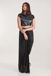 Buy_Pooja Bagaria_Black Pu Leather And Crepe Print Boat Crop Top & Skirt Set  _at_Aza_Fashions