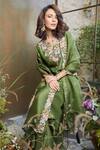 Buy_Prisho_Green Kurta Silk Embroidery Thread Notched African Yoke Sharara Set _at_Aza_Fashions