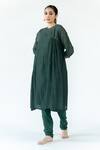 Buy_Nirjara_Green Chanderi Cotton, Cotton, Silk Embroidery Round Arsh Kurta And Churidar Set _at_Aza_Fashions