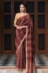 Buy_Dressfolk_Maroon 100% Linen And Zari Woven Stripe Gulkand Saree  _at_Aza_Fashions