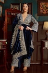 Buy_Priyanka Jain_Blue Velvet Lining Shantoon Embroidery Aari Work And Sequin V Kurta Palazzo Set_at_Aza_Fashions