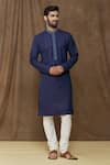 Buy_Samyukta Singhania_Blue Kurta: Linen Cotton Plain Floral Thread Work Placket Set For Men_at_Aza_Fashions