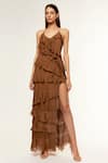 Buy_Deme By Gabriella_Brown Chiffon Halter Neck Lisa Ruffle Layered Gown _at_Aza_Fashions