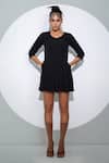 Buy_Pocketful Of Cherrie_Black Crepe Plain V Neck Box Pleated Dress _at_Aza_Fashions