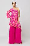 Buy_DiyaRajvvir_Fuchsia Georgette Printed Floral Asymmetric Jaal Kaftan And Sharara Set _at_Aza_Fashions