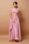 Buy_Ahi Clothing_Pink Natural Crepe Hand Embroidered Beads V Neck Border Long Shrug And Skirt Set _at_Aza_Fashions