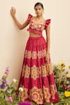 Buy_Chandrima_Fuchsia Chanderi Embroidery Bead And Thread Cutwork Ruffle Sleeve Bustier _at_Aza_Fashions