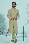 Buy_Sahil Kochhar_Beige Silk Embroidery Masha Applique Sherwani Set _at_Aza_Fashions