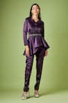 Buy_Aakaar_Purple Metallic Moss Crepe Embellished Crystals Peplum Top Pant Set With Belt _at_Aza_Fashions