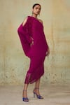 Buy_Style Junkiie_Magenta Satin Embroidered Ruching One Shoulder Draped Dress  _at_Aza_Fashions