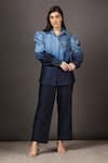 Buy_Sakshi Khetterpal_Blue Chanderi Silk Embroidery Floral Shirt Puff Sleeved And Bell Bottom Pant Set _at_Aza_Fashions