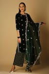 Buy_Monk & Mei_Green Velvet Embroidery Zari Keyhole Ruhani Kurta Set _at_Aza_Fashions