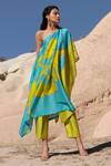Buy Twinkle Hanspal Blue Handloom Chanderi Floral Asymmetric Fallon One Shoulder Kaftan And Pant Set at Aza Fashions Buy_Twinkle Hanspal_Blue Handloom Chanderi Floral Asymmetric Fallon One Shoulder Kaftan And Pant Set_at_Aza_Fashions