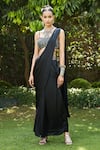 Buy_Bohame_Black Satin Chiffon Nida Pre-draped Concept Saree With Embellished Blouse _at_Aza_Fashions