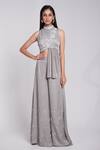 Buy_Suruchi Parakh_Grey Crepe, Silk Embroidery, Sequins, Cut Work Asymmetric Peplum Top And Pant _at_Aza_Fashions