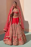 Buy_Angad Singh_Red Silk Cut Work, Sequins Plunge Flower Embroidered Raw Bridal Lehenga Set _at_Aza_Fashions