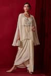 Buy_Ajiesh Oberoi_Ivory Organza Embroidered Pearl Cape  Notched Chahat Skirt Set _at_Aza_Fashions