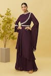 Buy_Samyukta Singhania_Wine Chinon Embroidered Floral High Neck Asymmetric Hem Tunic And Skirt Set _at_Aza_Fashions