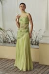 Buy_Sanjana reddy Designs_Green Georgette Embroidery Floral Round High Neck Asymmetric Top And Pant Set _at_Aza_Fashions