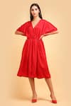 Buy_LABEL IVISH_Red Pure Silk Charmeuse Satin Plain Batwing Sleeve Gathered Dress  _at_Aza_Fashions