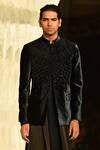 Buy_Rohit Gandhi + Rahul Khanna_Green Silk, Velvet Crystals, Beads Astragal Embroidered Bandhgala _at_Aza_Fashions
