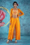 Buy_Kacha Tanka_Orange Dupion Art Silk Embroidery Floral Square Neck Mirror Crop Top Cape Set _at_Aza_Fashions