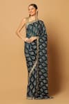 Buy_Two Sisters By Gyans_Blue Chiffon Sequins, Cut Work Embroidered Saree With Unstitched Blouse Fabric _at_Aza_Fashions