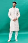 Buy_RNG Safawala_Pink Raw Silk Embroidery Thread Sherwani Set _at_Aza_Fashions