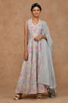 Buy_Ekavira_Grey Chanderi Printed Floral V Neck Anarkali Set _at_Aza_Fashions