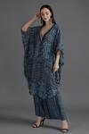 Buy_Preeti S Kapoor_Blue Crepe Tassels V-neck Rifat Collage Print Kaftan With Pant_at_Aza_Fashions