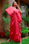 Buy_OMANA BY RANJANA BOTHRA_Coral Satin Hand Embroidered Sequin Work V Neck Knotty Cowl Draped Kaftan _at_Aza_Fashions