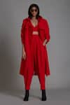 Buy_MATI_Red 100% Cotton Solid Notched Milestone Long Trench Jacket _at_Aza_Fashions