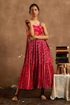 Buy_Label Kinjal Modi_Pink Cotton Silk Printed Floral Sweetheart Neck Tiered Dress  _at_Aza_Fashions