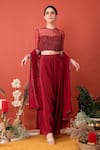 Buy_LABEL SHRISTI CHETANI_Red Crepe Hand Embroidered High Neck Draped Pant Set _at_Aza_Fashions