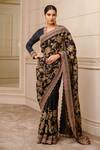 Buy_Tarun Tahiliani_Black Saree- Silk Satin Floral Embroidered Saree With Blouse_at_Aza_Fashions