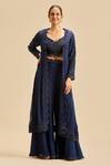 Buy_Nitika Gujral_Blue Georgette Embroidery Sequin Leaf Neck Jacket And Sharara Set _at_Aza_Fashions