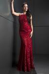 Buy_Rohit Gandhi + Rahul Khanna_Red Tulle, Viscose Sequins, Crystals Halter Neck Claret Galaxy Embellished Gown _at_Aza_Fashions