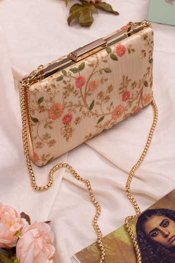 Buy_AMYRA_Cream Embroidery Floral Creeper Pattern Box Clutch _at_Aza_Fashions