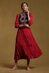 Buy_Ritu Kumar_Red Viscose Silk Embroidered Floral Dress Round Neck Crinkled With Jacket _at_Aza_Fashions