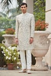 Buy_Bohame_Off White Achkan Georgette Embroidery Floral Laska Set _at_Aza_Fashions