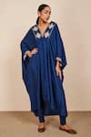 Buy_Sue Mue_Blue Silk And Lycra Crepe Embroidery Zardozi V Neck Kaftan Set _at_Aza_Fashions