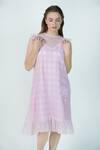 Buy_Jyoti Bansal_Pink Kota Doria Lace, Applique High Neck Dreams Rose Frill Hem Dress _at_Aza_Fashions
