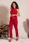 Buy_Vanshika Agarwal Label_Red Organza, Taffeta, Brocade Ruffles High Neck Top And Pant Set _at_Aza_Fashions