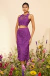 Buy_Chandrima_Purple Chanderi Embroidery Flower Round Neck Cut Work Crop Top _at_Aza_Fashions