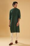 Buy_Raghavendra Rathore Blue_Green Raw Silk Placket Pintuck Kurta _at_Aza_Fashions