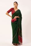 Buy_Zariya the Label_Green Saree Paper Silk Handblock Print Placed Patch Pre-draped With Blouse _at_Aza_Fashions