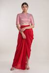 Buy_Pooja Bagaria_Red Chanderi Round Neck Houndstooth Crop Top And Draped Skirt Set _at_Aza_Fashions
